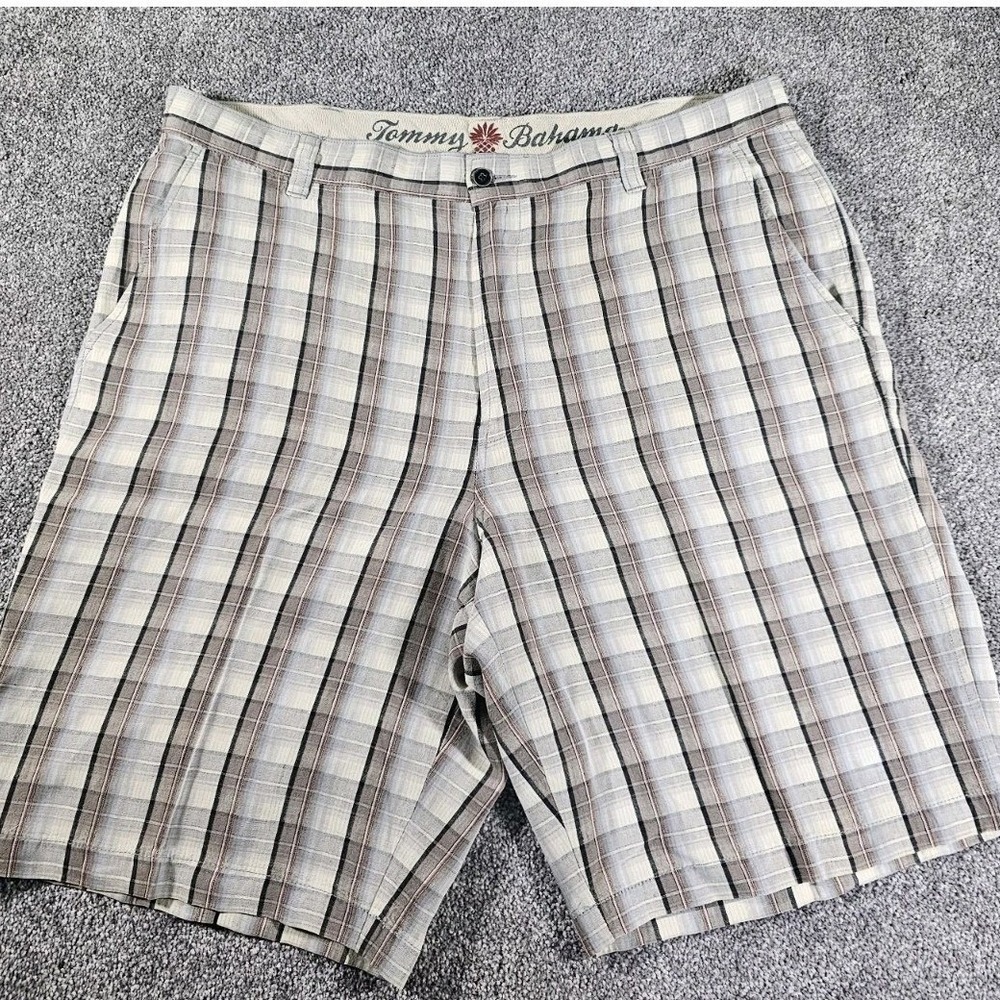 Tommy Bahama Linen Silk Blend paradise nation Plaid Chino Shorts Mens 38 Beige
